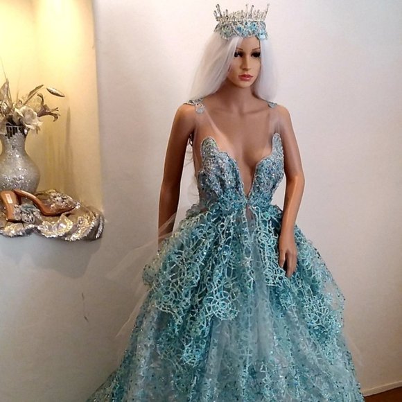SAMPLE GOWN - "AMALI" Turquoise & Silver Medieval Goddess Wedding Ballgown Set